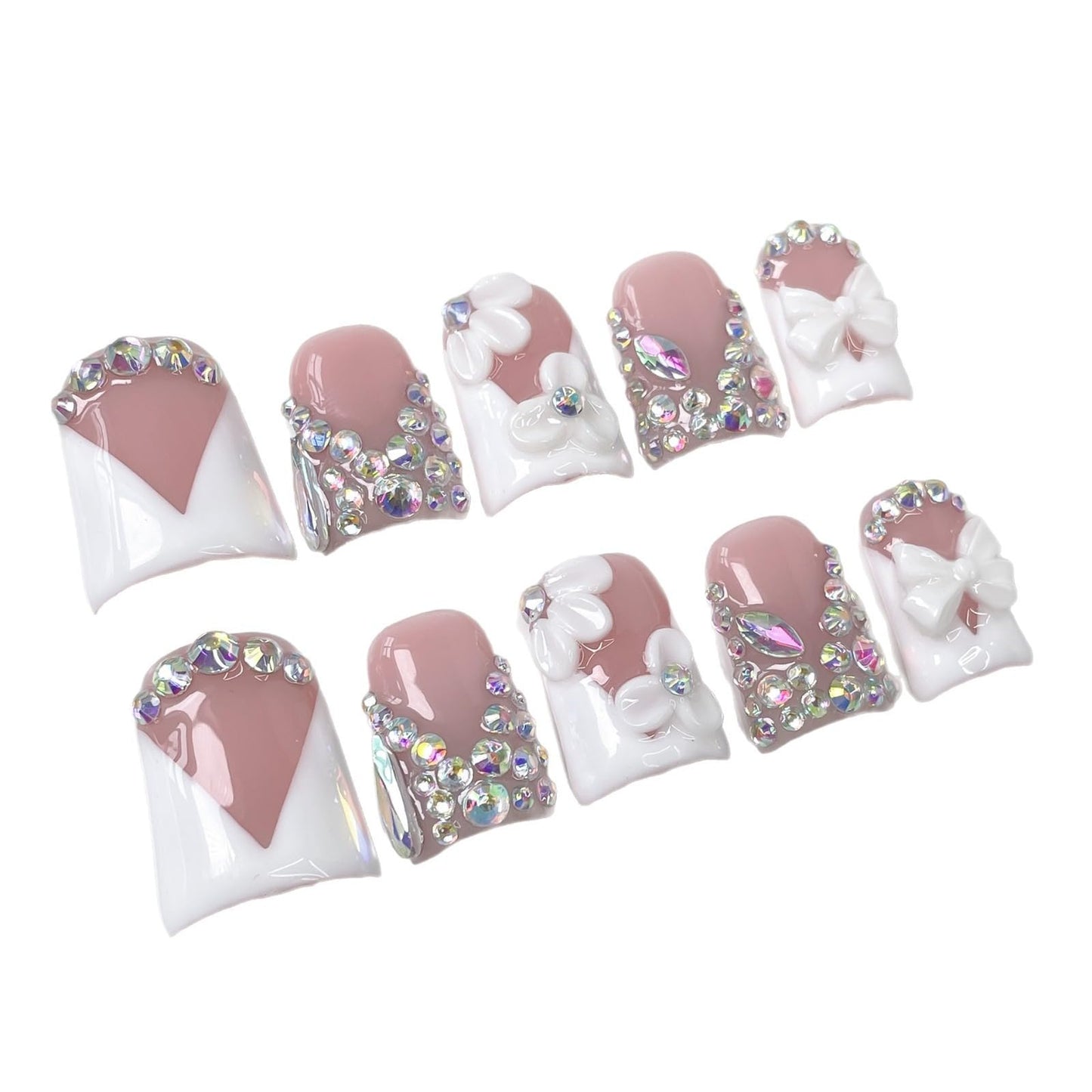Flower Handmade Press on Nails 3D Floral Short Length Duck White French Tips Fake Nail Handmade Rhinestone Design Reusable Muti-Layer Gel Acrylic False Nails for Women (M)