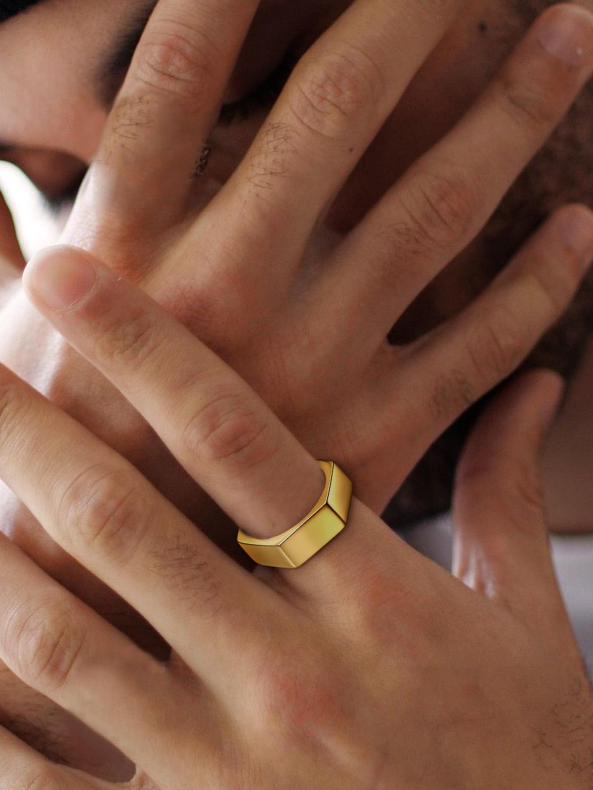 ChainsHouse Gold Hexagon Geometric Ring for Men Women, Cool Punk Hip Hop Biker Band Rings(Size 12)
