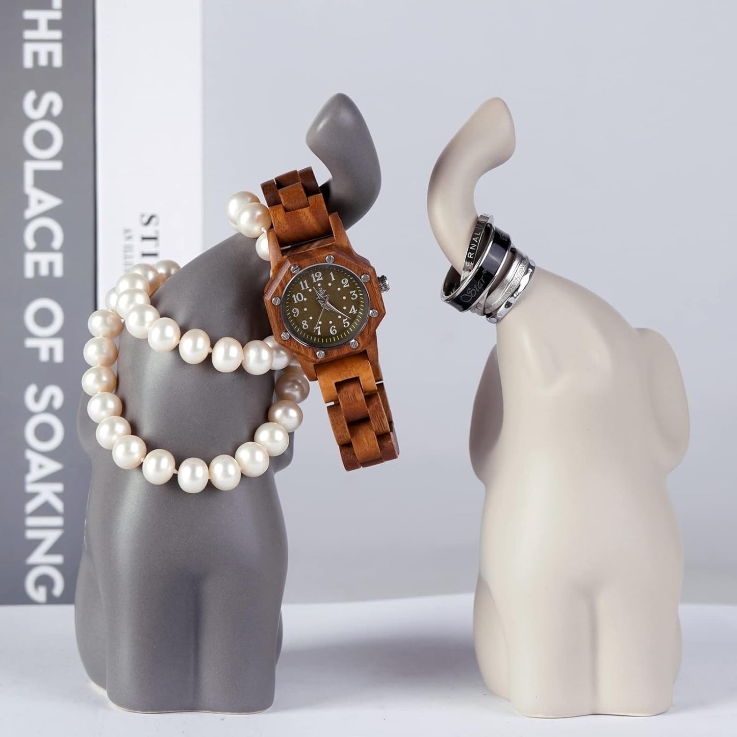 OwMell Set of 2 Loving Elephant Statue Figurine, 6" Elephant Ring Holder, Gifts for Couples Home Lucky Decor - Grey