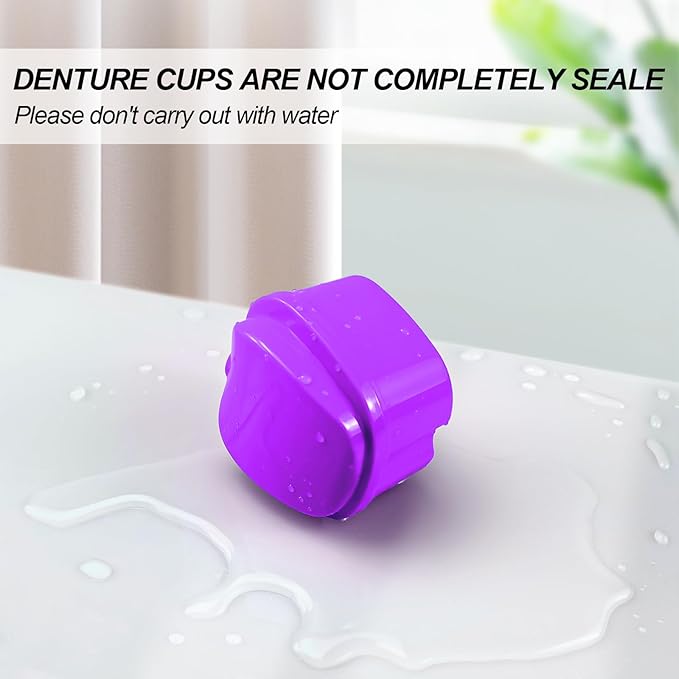Denture Bath Case Denture Cleaning Cup with Brush Set, 2 Pack False Teeth Container Denture Storage Bath Box Case Retainer Holder Case with Strainer Basket and Lid Waterproof - Purple & Black