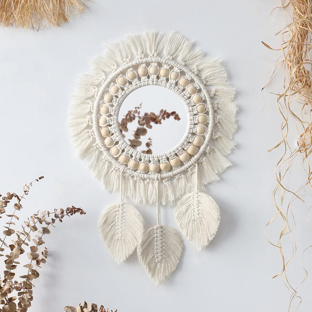 Artilady Macrame Hanging Wall Mirror - Boho Fringe Round Handmade Decorative Acrylic Mirror for Apartment Living Room Bedroom Baby Nursery Home Decor (Leaf)