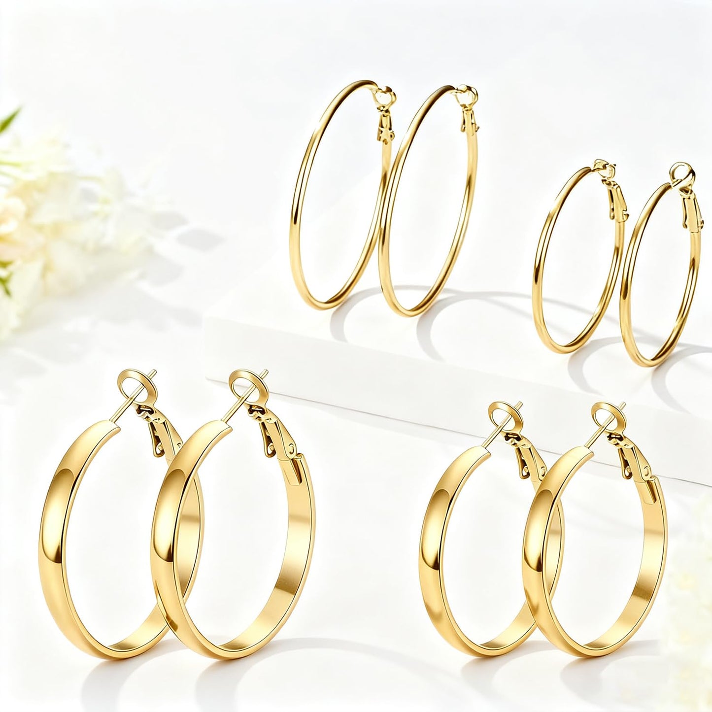 PICKBEAU Chunky Gold Hoop Earrings for Women | 14K Plated Hypoallergenic 4mm Wide & Thin Big Round Circle Hoops Stainless Steel Womens Loop Dangle Earrings Set (30/40mm)