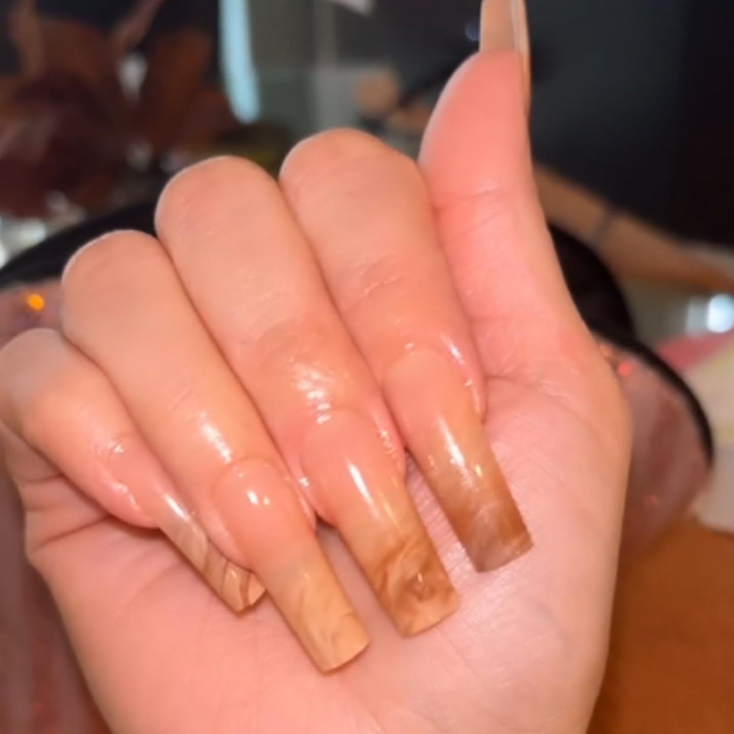 IMRAIN Press On Nails - Long Square Brown Marble Gradient False Nails, Glossy Glue On, Artificial Squoval Nude Fake Nails, Full Cover Acrylic Gel, Stick On, 24 Pcs