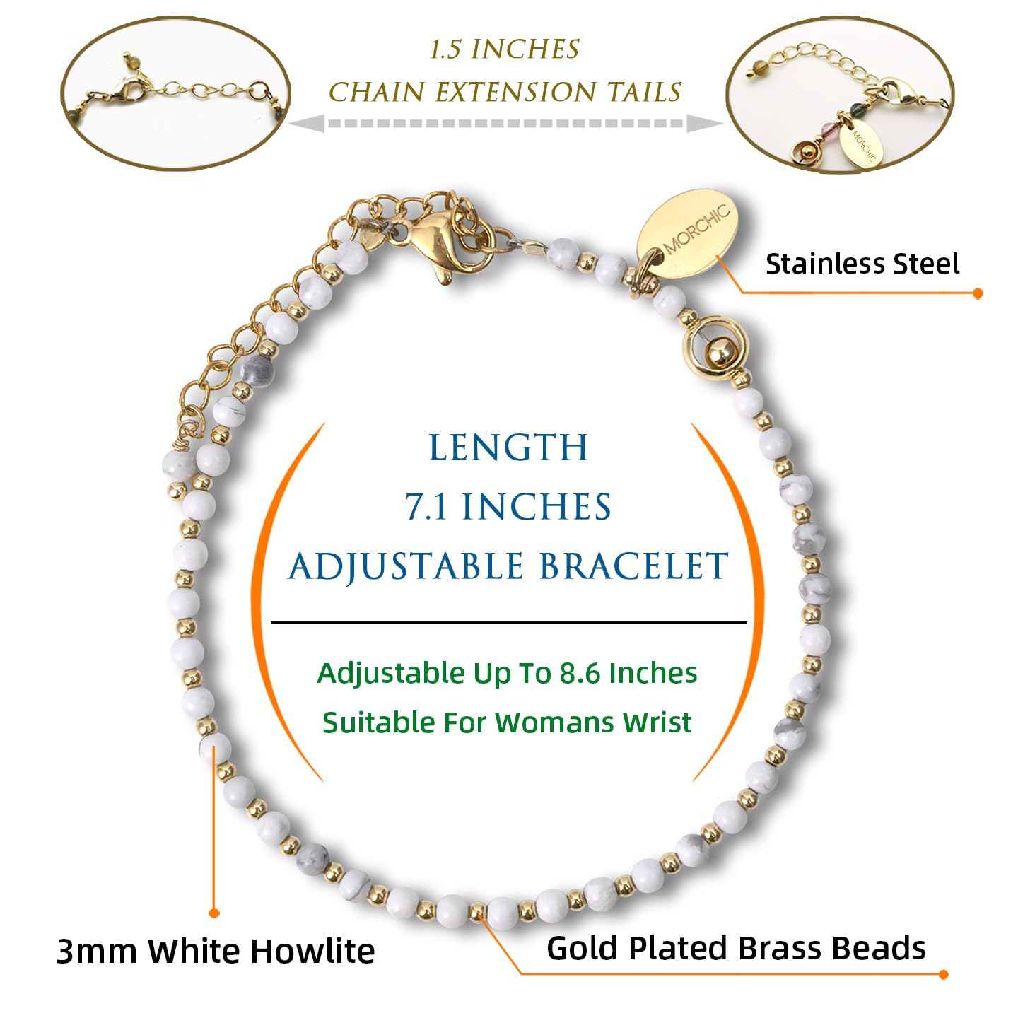 Morchic 3mm White Howlite Tiny Beads Bracelet for Women, Adjustable 7.1" Dainty Handmade Energy Gem Jewelry, Birthday Gift