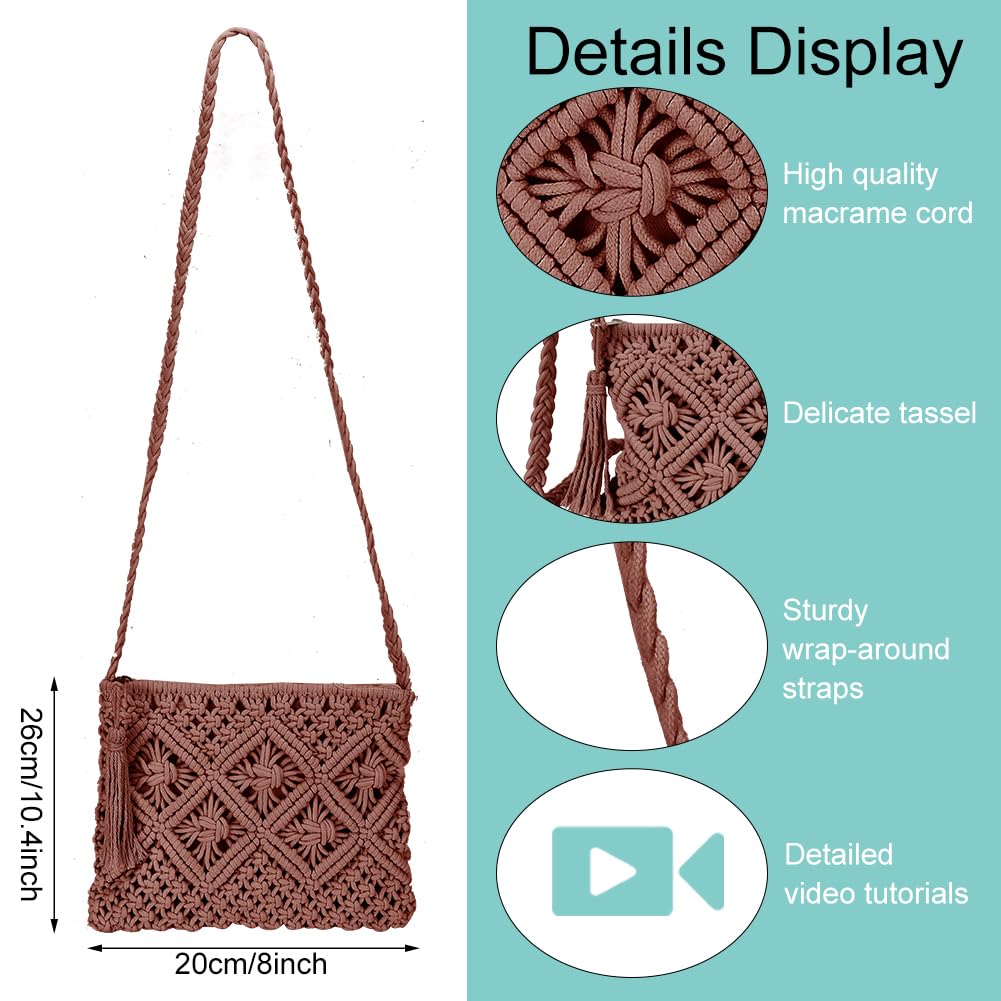 WEBEEDY DIY Macrame Bag Kit Boho Macrame Shoulder Bag Making Kit with 3mm x 142 Yards Cotton Cord and Video Tutorial,Macrame Purse Kits for Beginners Summer Beach Christmas Decor Gift,10.4x8(Brown)
