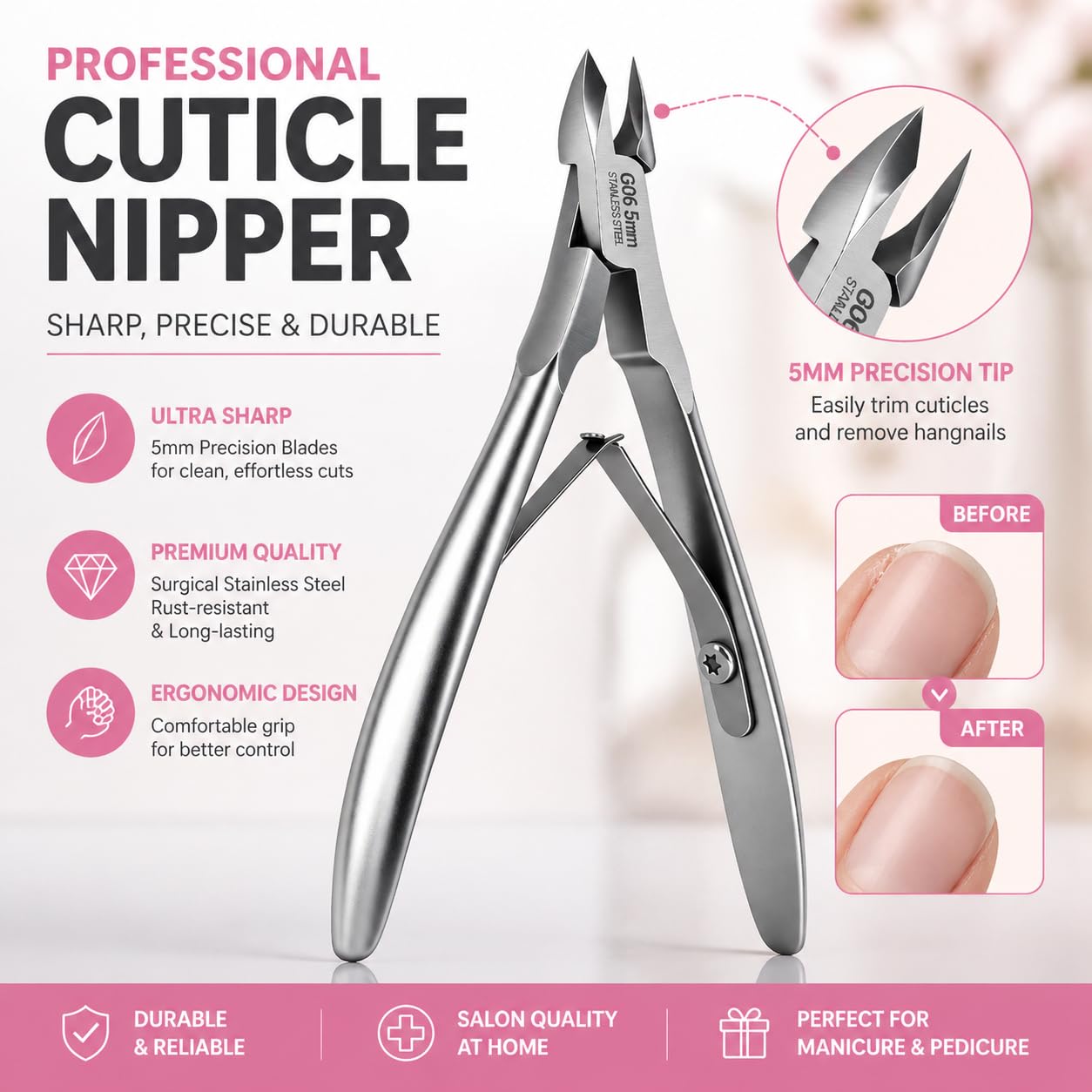 Professional Cuticle Trimmer Set – Includes Cuticle Nippers & Pusher, Stainless Steel Nippers for Manicure Pedicure, Nail Cuticle Clippers for Fingernails & Toenails, Perfect for Salon & Home Use