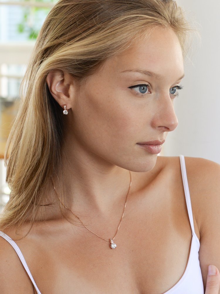 Mariell 14K Rose Gold Plated Round-Cut Cubic Zirconia Necklace Earrings Set for Brides, Bridesmaids & Everyday Wear