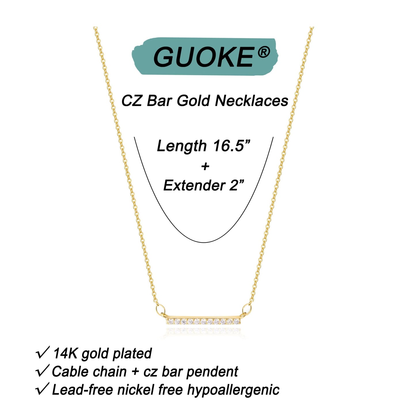 GUOKE Bar Necklace - 14K Gold Plated Dainty Gold Necklace Simple Jewelry for Women