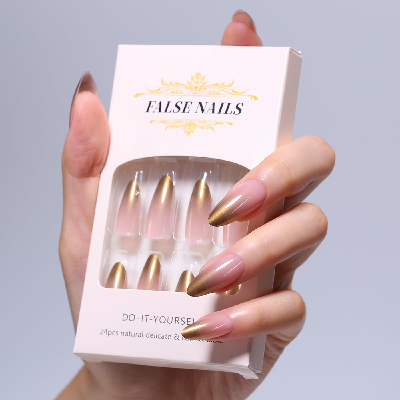 Goolich Gold Chrome French Tip Press On Nails Medium Almond, Sheer Pink Nails Press ons Set with Adhesive Tabs, 24 Pcs 12 Size Reusable Full Cover Glue on Nails for Women