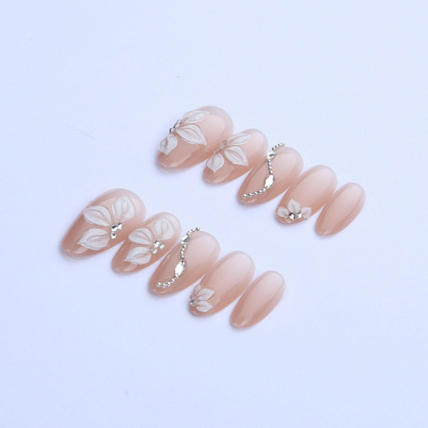 Almond Press on Nails Medium Fake Nails Nude Artificial Nail White Flowers Handmade Stick on Nail for Women 24pcs