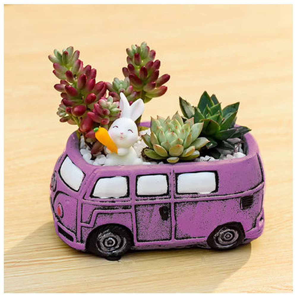 Ascrafter 2 Pack Cute Car Plant Pots, Funny Cartoon Succulent Planters with Drainage Hole (Redcar+PurpleBus)