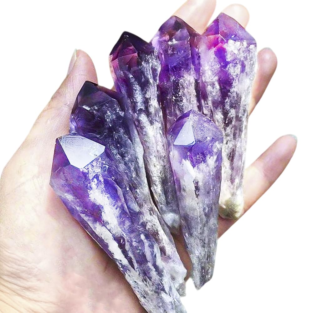 6pcs Set Natural Raw Amethyst Point Wand, Single Terminated Crystal Cluster Scepter, Healing Crystal Point, Positive Energy Gemstone, Reiki Meditation Spiritual Ornament,Home Decor & Crystal Gift