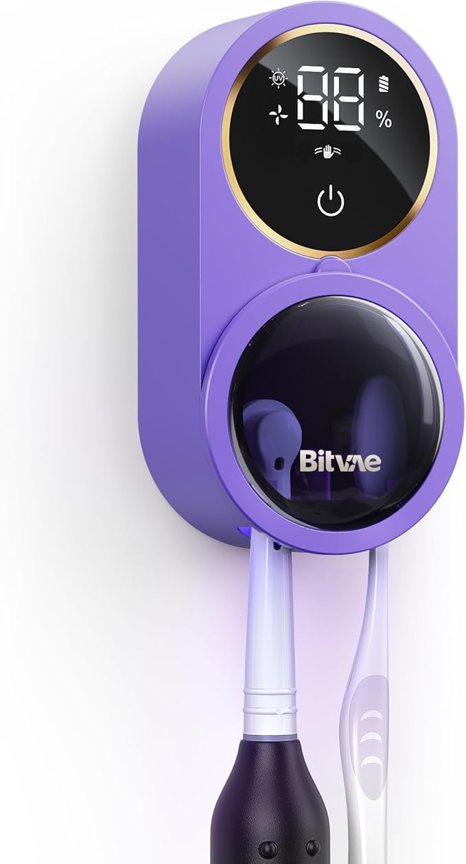 Bitvae Upgraded Tooth Brush Holder for Bathroom 2.0, Infrared Sensing Toothbrush Cleaner, Wall-Mounted for Any Size Toothbrushes, Air Drying, LED Smart Screen, Purple