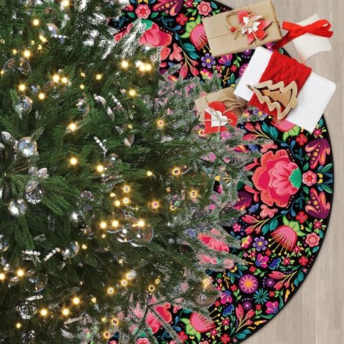 Mexican Flowers Christmas Tree Skirt 48 Inch Xmas Tree Mat Party Decor with Mexican Flowers Red Christmas Decorations Ornaments for Winter Holiday Decor