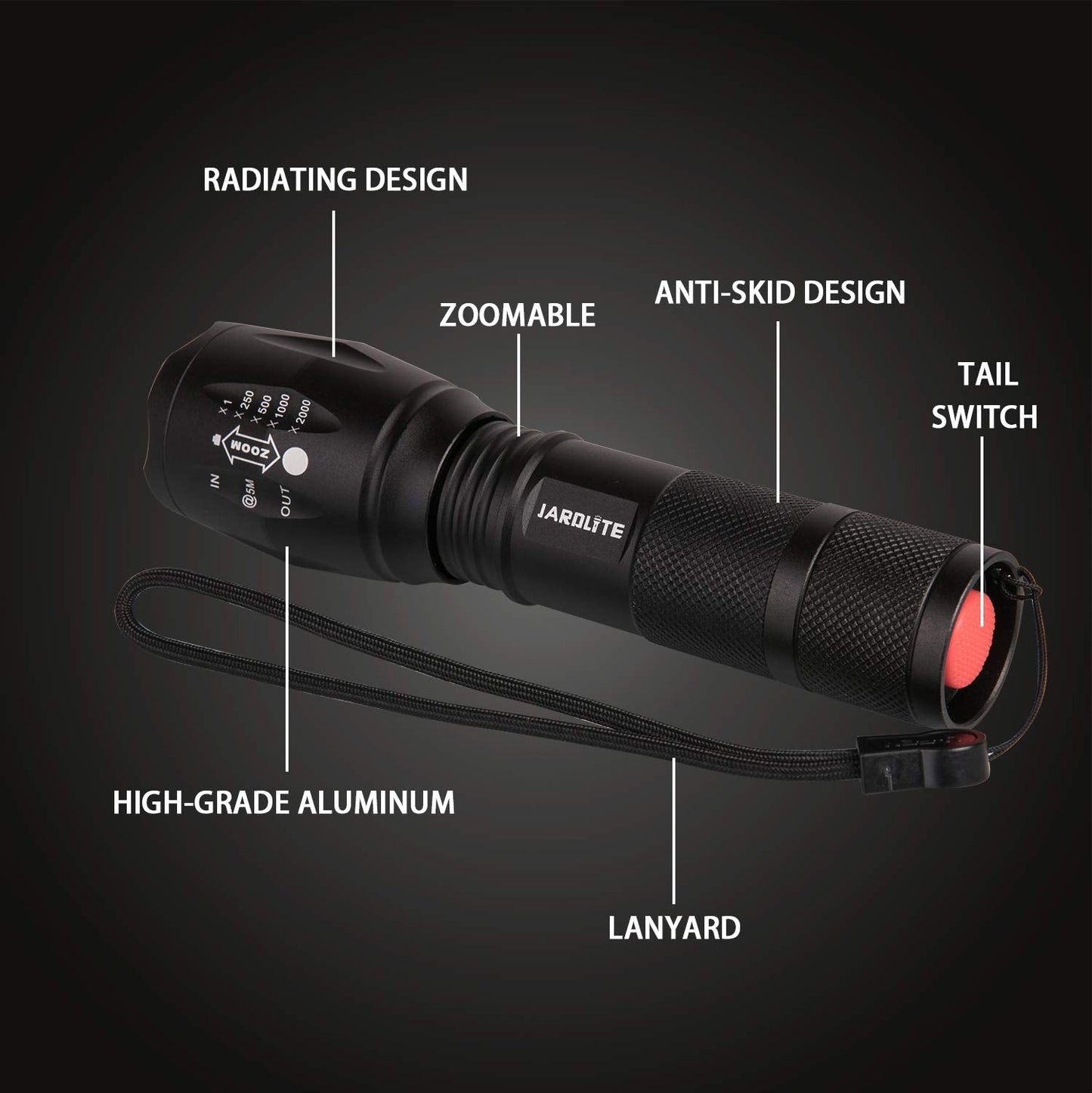 JARDLITE LED Emergency Handheld Flashlight, 4 Pack, Adjustable Focus, Water Resistant with 5 Modes, Best Tactical Torch for Hurricane, Camping, Dog Walking