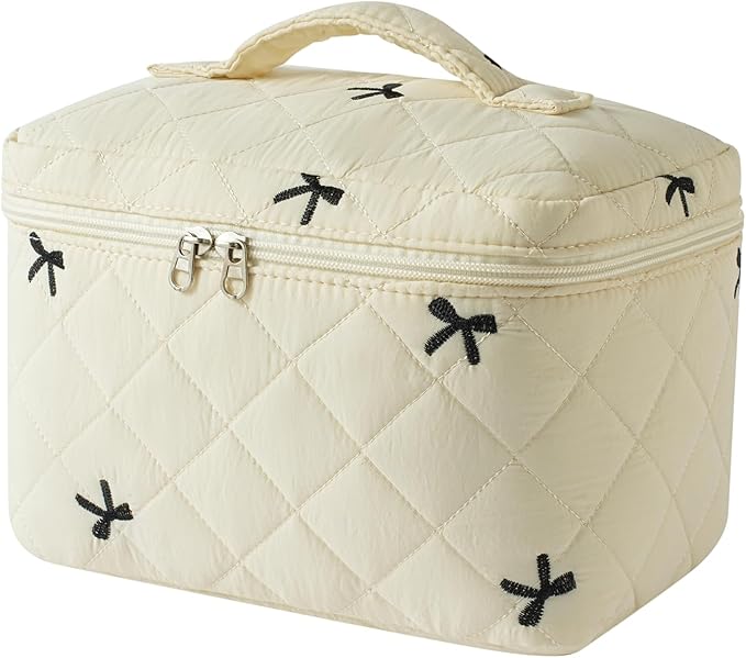 3Pcs Aesthetic Cotton Quilted Drawstring Makeup Bag Set, Aesthetic Cute Bow Makeup Pouch for Girls and Women, Aesthetic Travel Organized Cosmetic Bags for Purse(04Beige Bow)