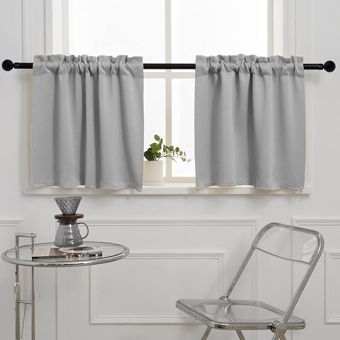 Pickluc Light Grey Cafe Curtain (Half Window) 24 Inches Length, Rod Pocket Small Kitchen Curtain, Short Blackout for Small Window, 30" Wide and 24" Long, 2 Panels