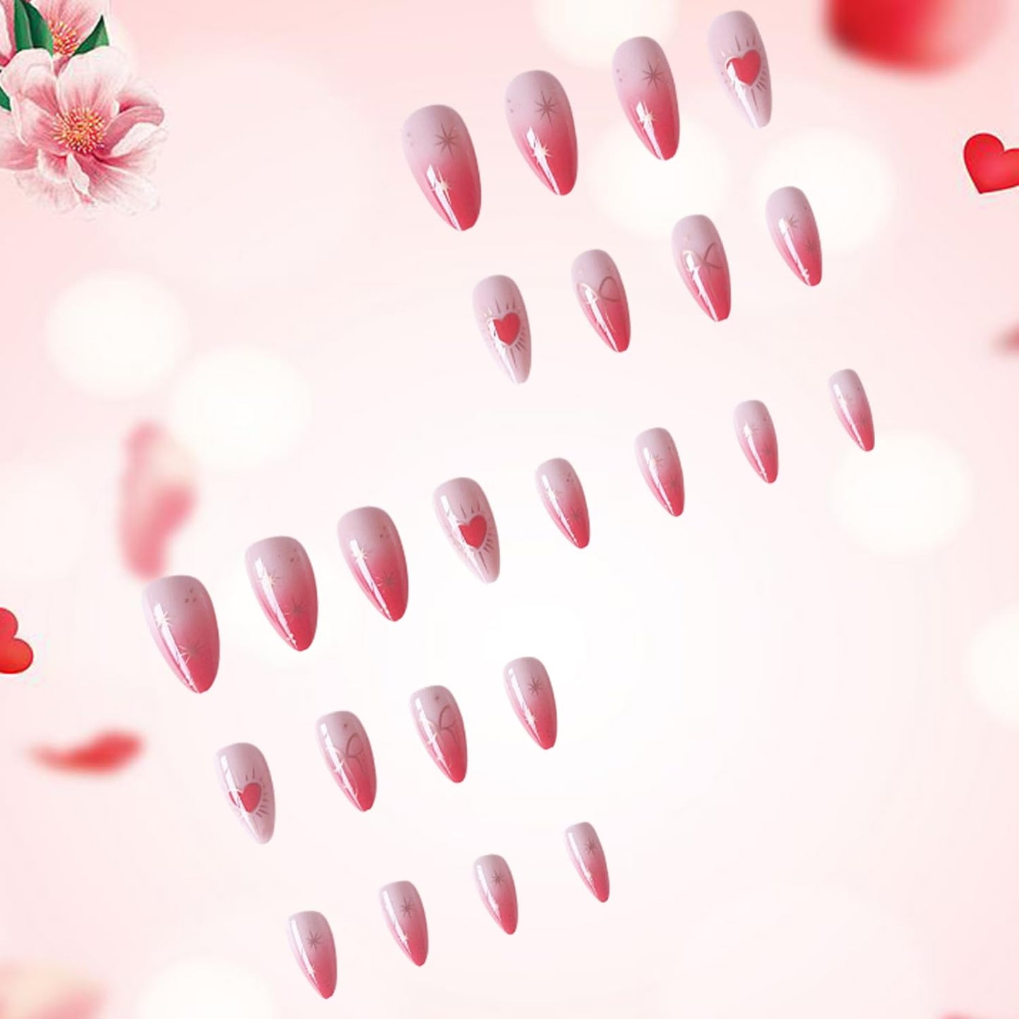 Valentines Press on Nails Medium Artificial Almond Acrylic False Nails Gradient Metal Star Bow Stick on Nail Full Cover Red Love Reusable Coffin Artificial Fingernails for Women Festival Manicure