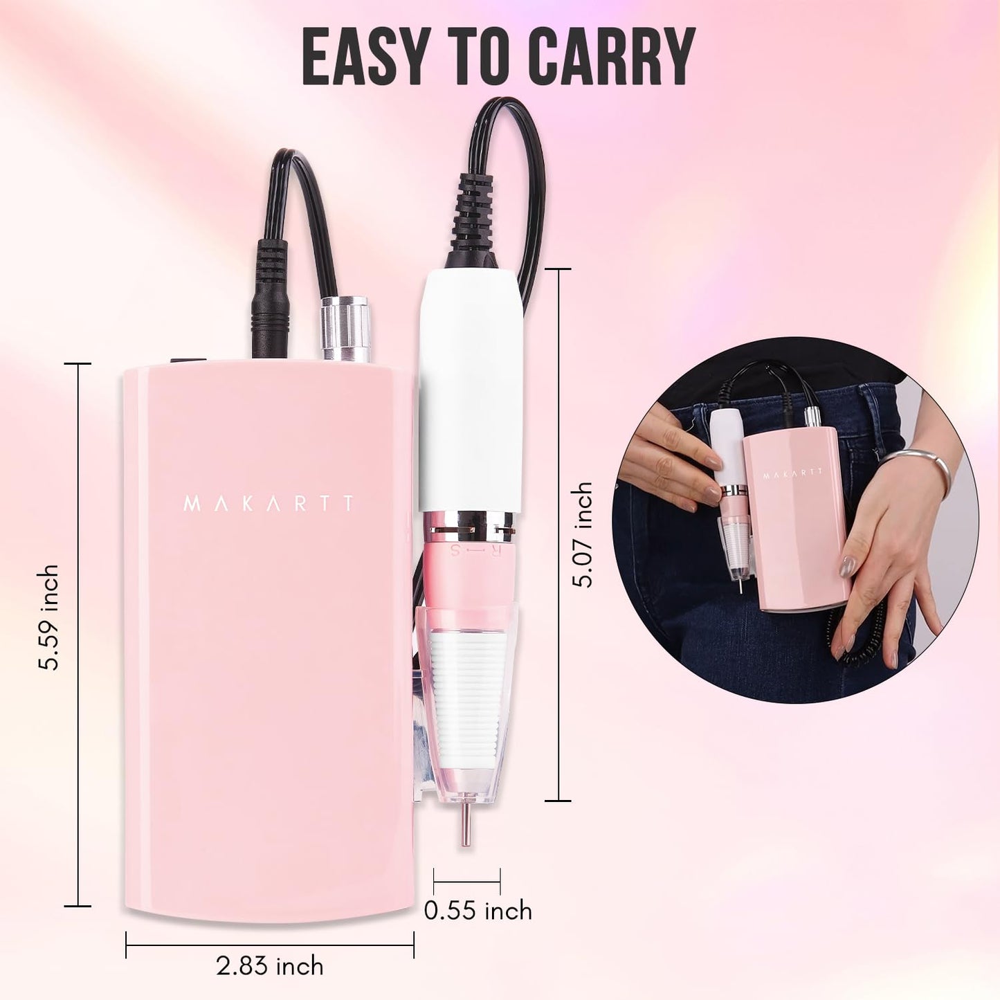 Makartt Nail Drill, Rechargeable Nail E File 30000RPM Electric Nail File, Malory Pink Portable Gel Nail Remover Machine with Nail Drill Bits & Sanding Bands for Manicure Salon Home Use