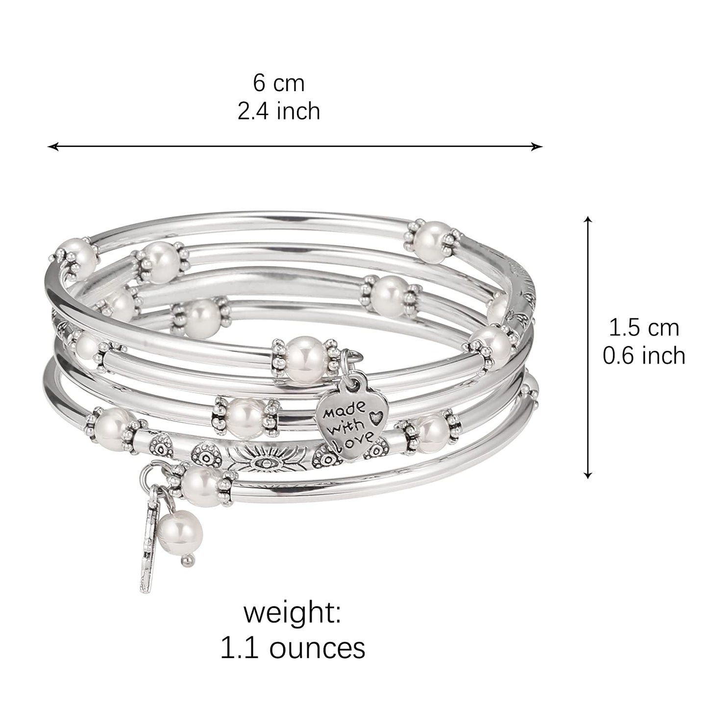 FULU AUTUMN Beaded Bangle Bracelets for Women Silver Wrap Bangles Bracelet Womens Costume Jewelry Fashion Gift(Pearl White)