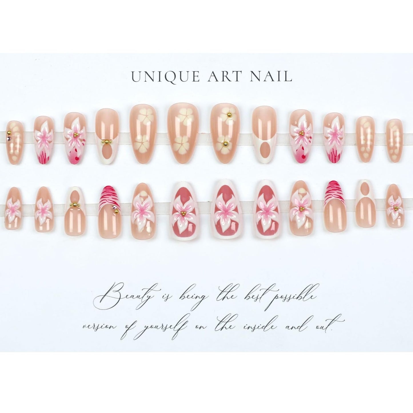 IMRAIN Summer Press on Nails Medium Almond Fake Nails with 3D Pink White Flower Designs Glossy French Tips False Nails Cute Floral Glue on Nails Acrylic Nail Supplies