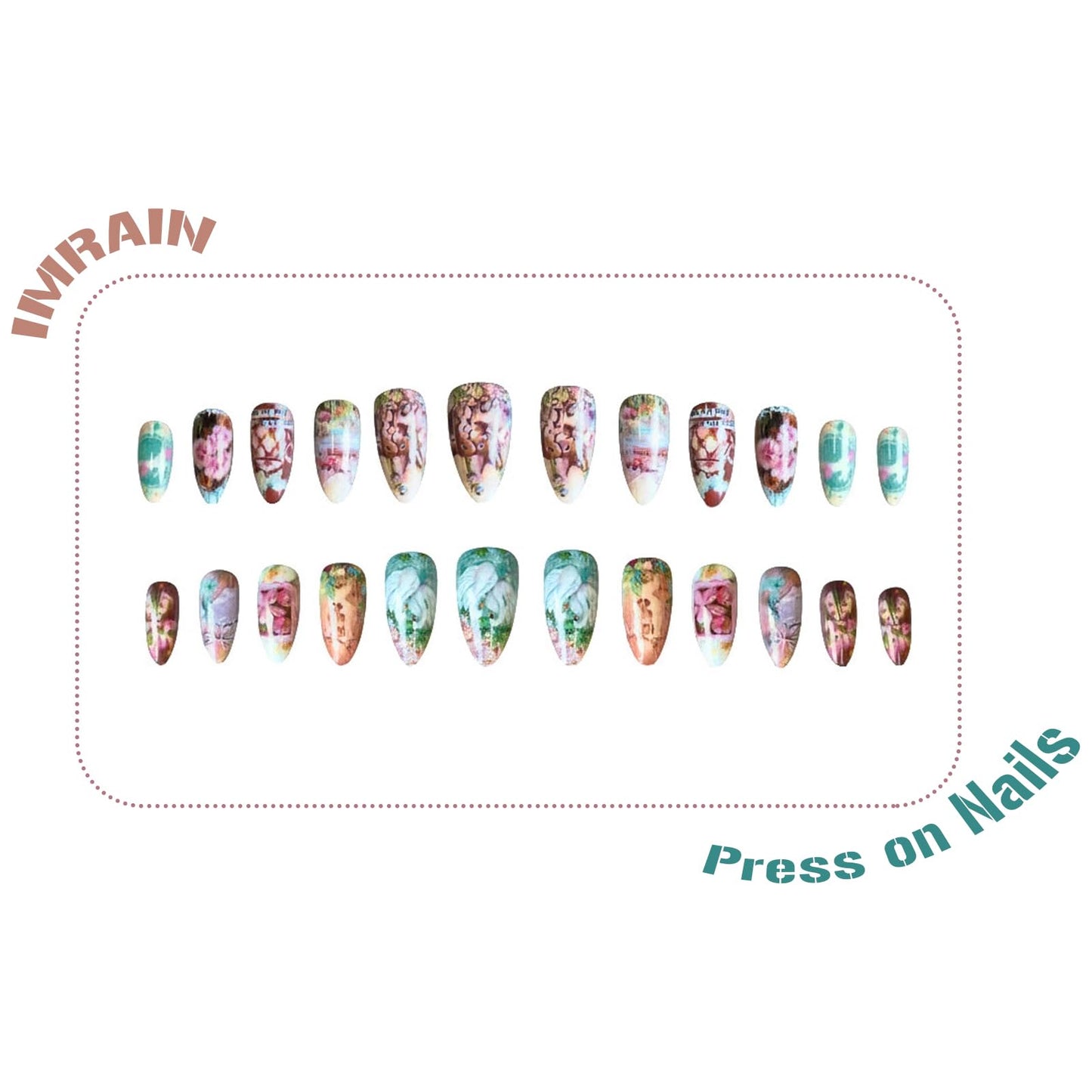 IMRAIN Press on Nails Medium Almond Fake Nails Glossy Acrylic False Nails Cute Full Cover Artificial Glue on Nails for Women Girls