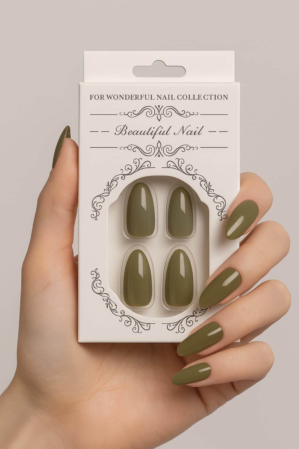 Glossy Olive Green Press On Nails – Almond Shape, Medium Length, 24 PCS Fake Nails with Nail File & Glue Tabs, Reusable ABS Material