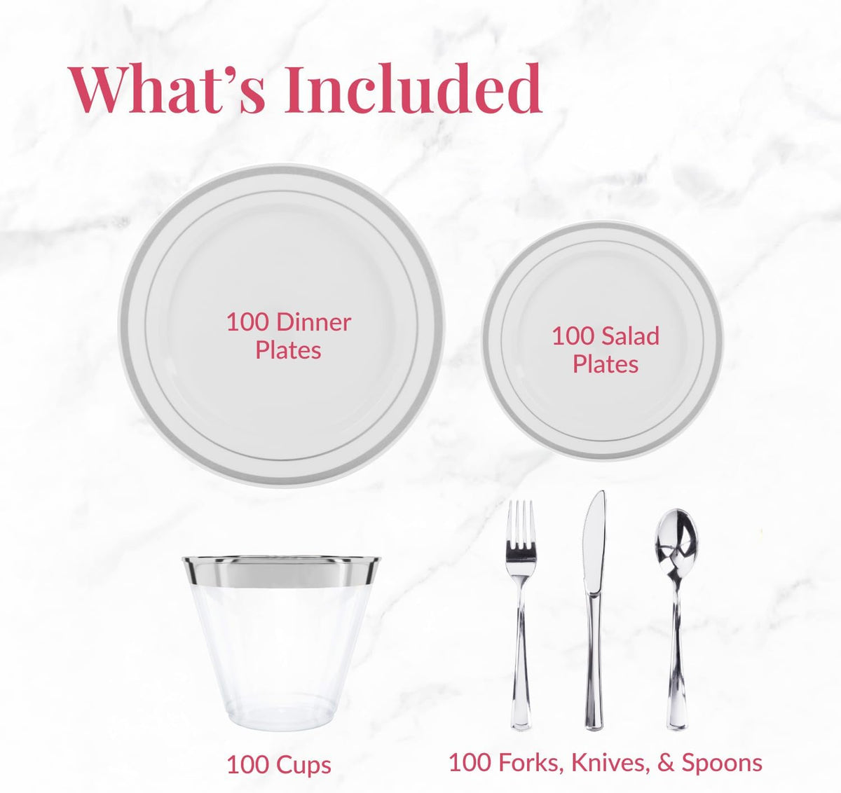 Prestee 600 Piece Dinnerware Set for 100 Guests - Elegant Disposable Silverware and Party Plates for Events - Includes Cutlery Set with 100 Dinner Plates, Salad Plate, Cups, Knives, Forks, and Spoons