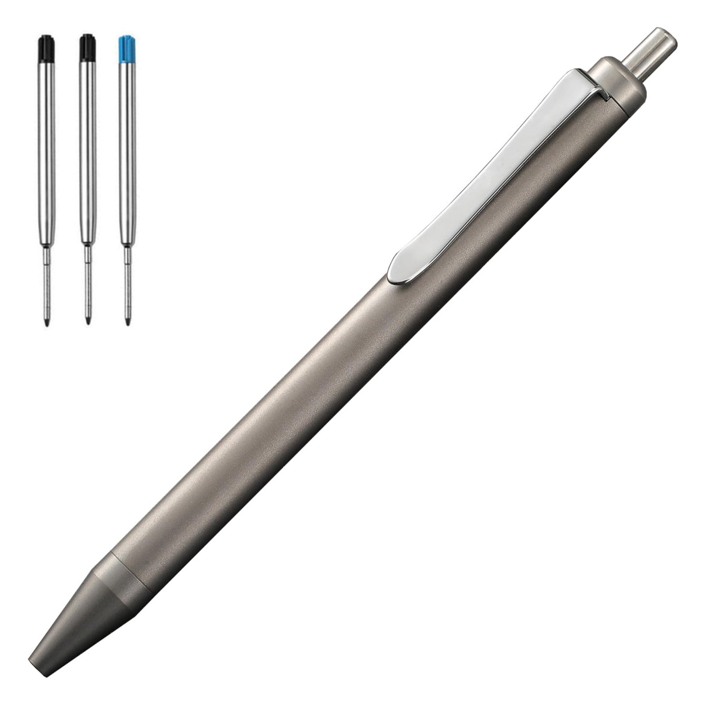 Grey Titanium Alloy Ballpoint Pen Retractable Lightweight EDC Pen with Pocket Clip Compatible with Parker Style Refill with 3 Extra Refills in Gift Box (LA035)