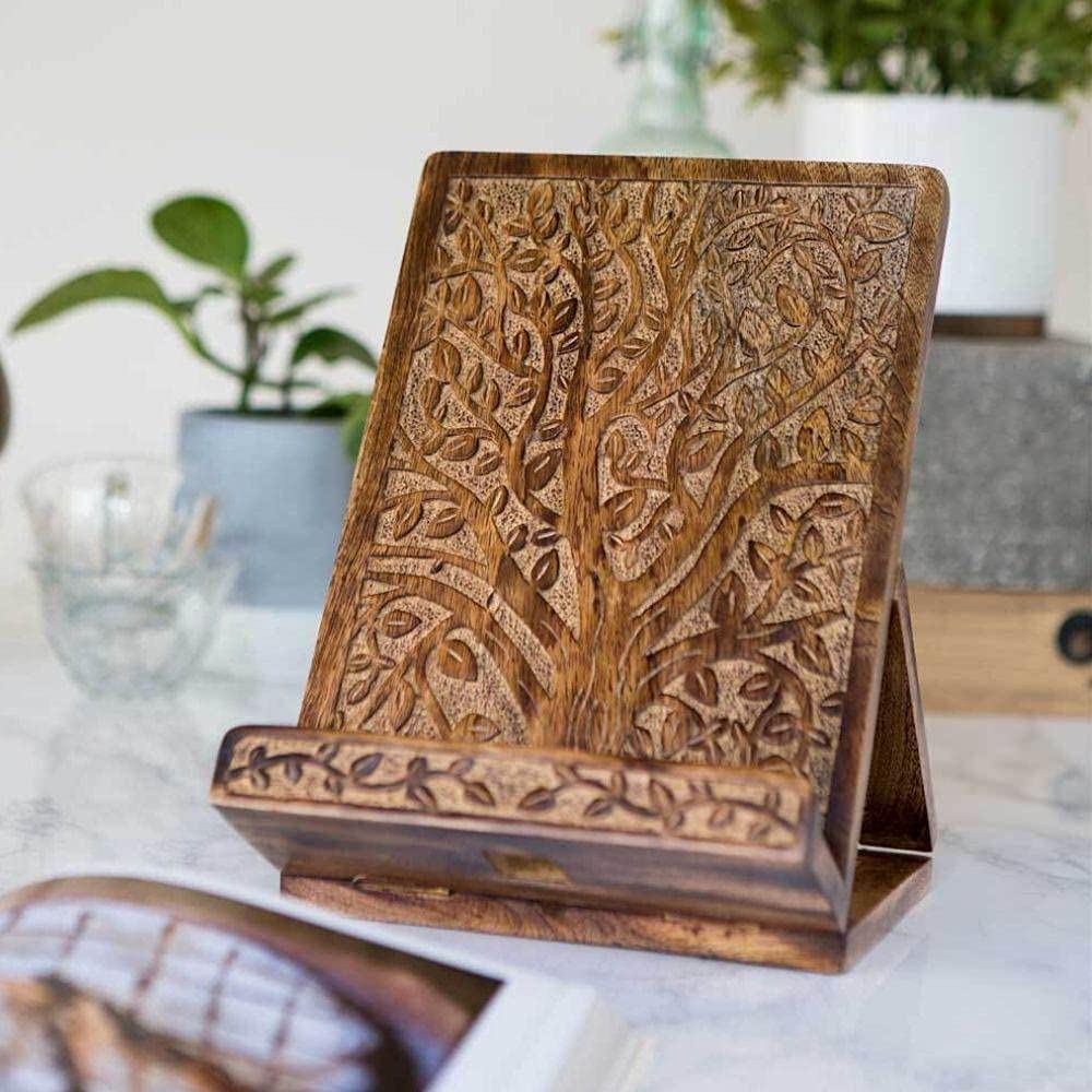 ARTISENIA Hand-Carved Tree of Life Cookbook Stand - Adjustable & Foldable Reading Holder/Kitchen/Office/Desk