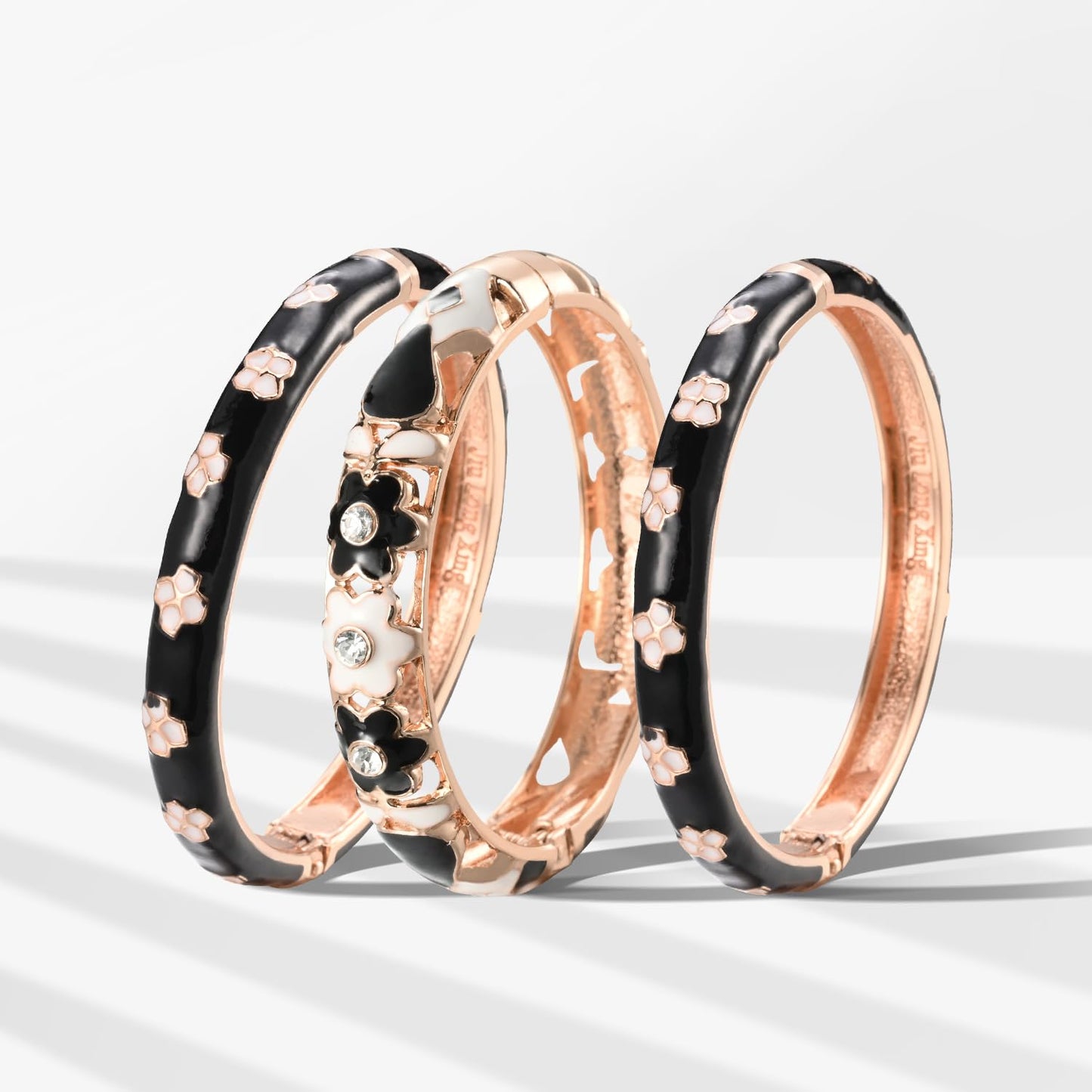 UJOY Vintage Cloisonne Bracelet Beautiful Flower Enamel Hinge Plated Rose Bangles Jewelry for Women's Gifts 88A18 3pcs Black
