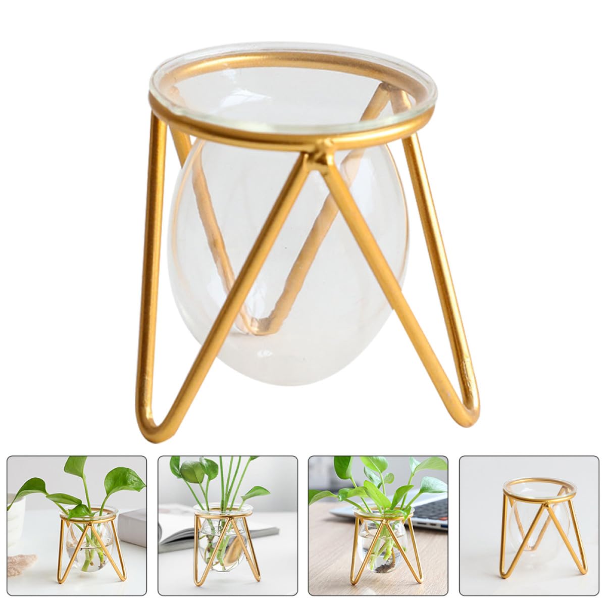 DOITOOL Hydroponic Glass Vase with Metal Stand, Small Decorative Succulent Planter Bulb, Gold Desktop Plant Container for Indoor Terrarium and Home Décor