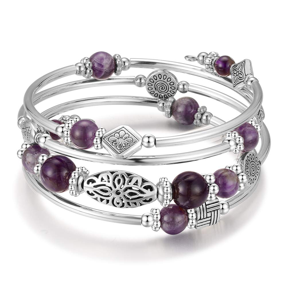 BULINLIN Layered Wrap Bangle Turquoise Bracelet - Bead Bracelet with Natural Agate Stone, Gifts For Women (02-Purple)