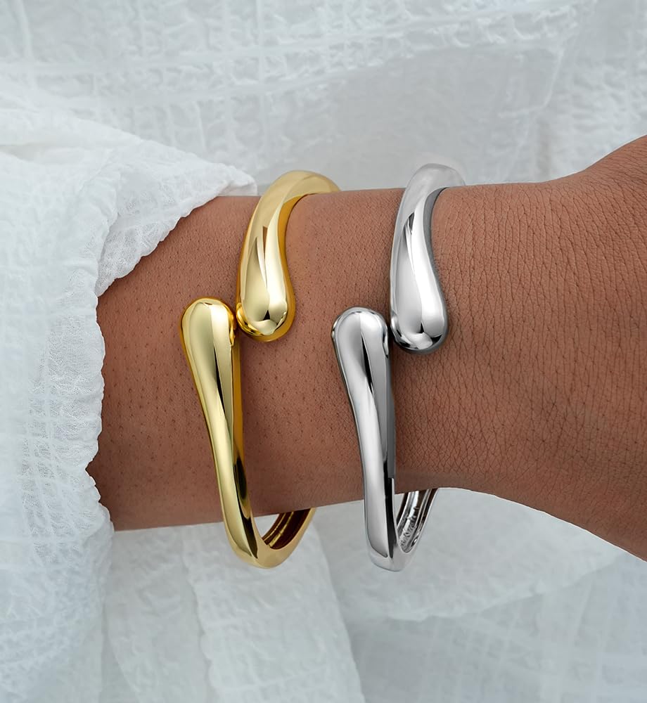 Chunky Gold Bangle Bracelets for Women, Dainty 14k Gold Plated Silver Stackable Bangles Set, Trendy Statement Cuff Bracelet Stack Trendy Jewelry Gifts