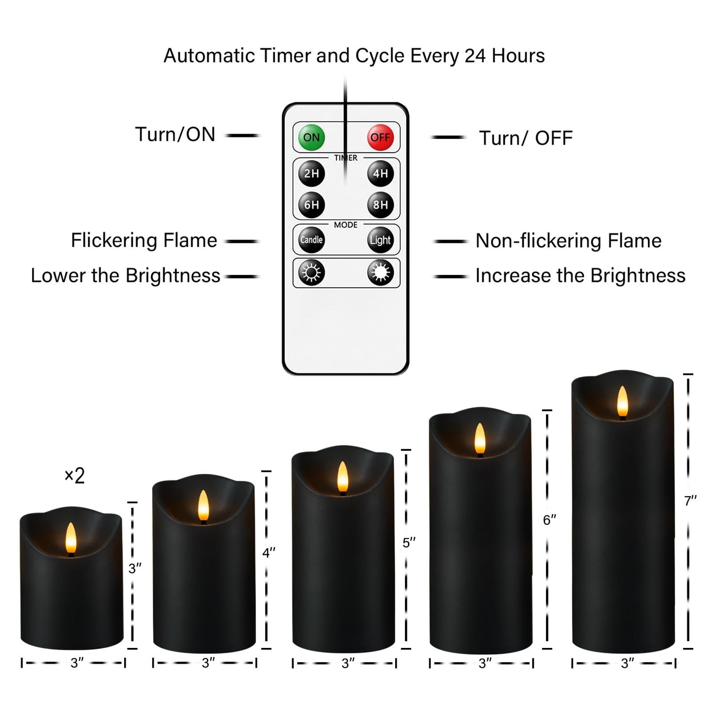 Fo32won Flameless Flickering Candles with Remote Timer, Set of 6 Led Black Battery Operated Candles for Home Decor Xmas Halloween (D3 x H3 3" 4" 5" 6" 7")