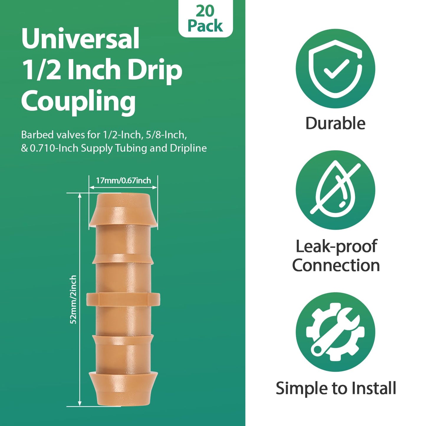 RedChili 20 Pcs 1/2 Inch Irrigation Tubing Coupling Fittings, 1/2" Drip Irrigation Barbed Coupler Connectors Fits 1/2", .700" Drip Tubing for Garden Lawn Irrigation System
