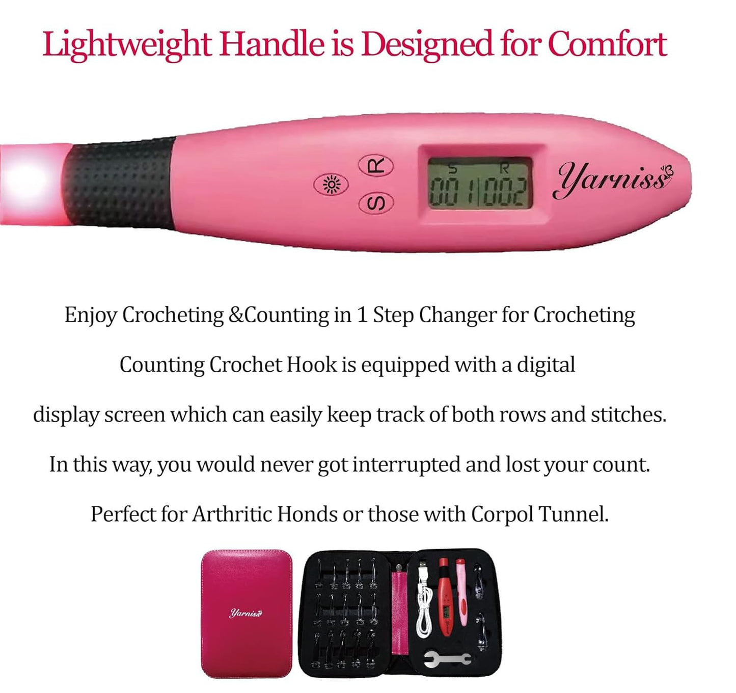 Yarniss 17 Size Counting Crochet Hooks Set, Light Up Crochet Hooks for Stitch & Row Counter
