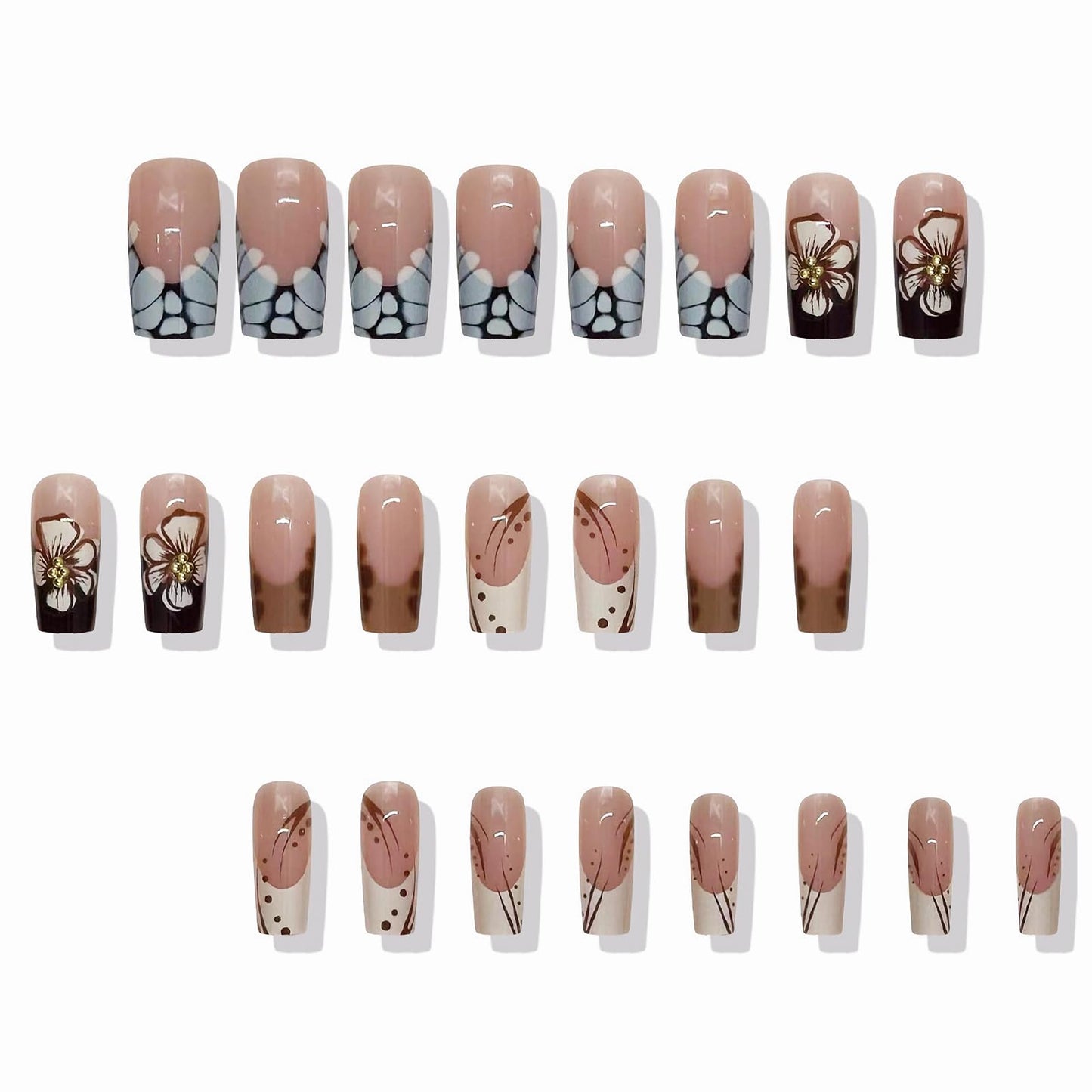 MISUD Press on Nails - Long Square Fake Nails with Fall Brown, Acrylic Autumn Flower Design 24 pcs
