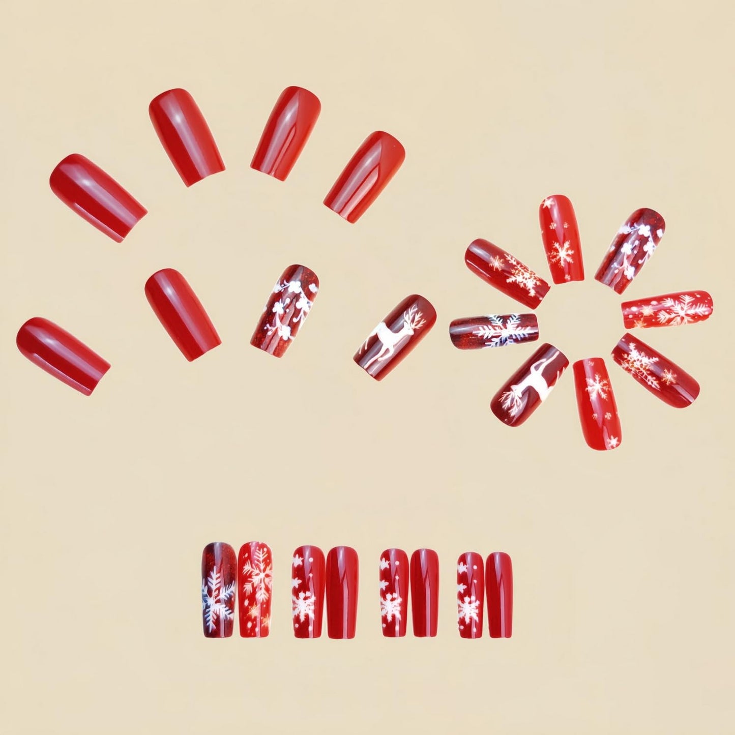 Christmas Press on Nails Medium Coffin Fake Nails White Elk Designs Winter Snowflake False Nails Full Cover Red Glitter Stick on Nails Sparkly Acrylic for Women 24 Pcs