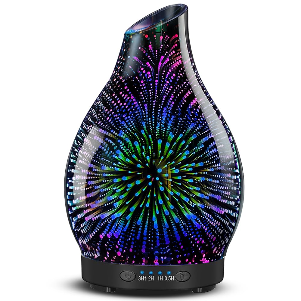 JOYOLO 120ML Essential Oil Diffuser, 3D Glass Aromatherapy Diffuser with Auto Shut-Off and 7 Color LED Lights, Ultrasonic Mist Humidifier with 4 Timer for Home Office Bedroom (3D Fireworks)