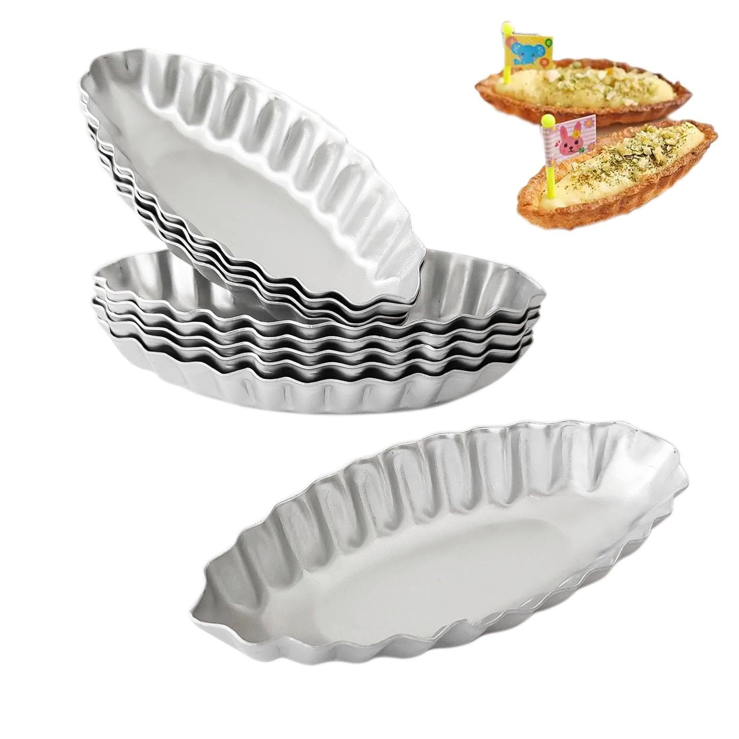 Heluok Tiny Tart Pan Boat Shape, 10PCS Egg Tart Mold Fluted Edge, Wave Flower Aluminum Baking Tool, Reusable Dessert Tray for Small Tartlets, Quiches