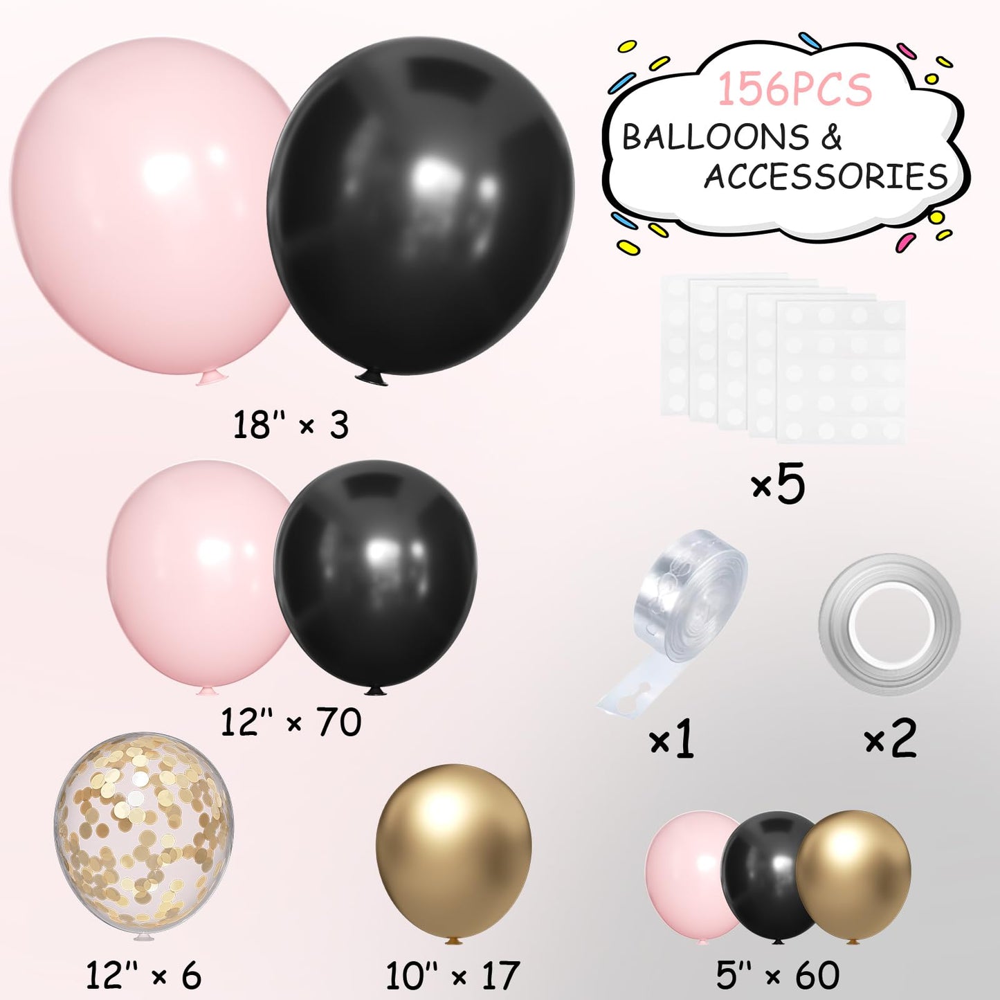 MEBAY Black Pink and Gold Balloon Garland Arch Kit, 156 Pastel Pink Matte Black Metallic Gold Balloons for Women Girls Party Birthday Wedding Bridal Shower Bachelorette Anniversary Graduations