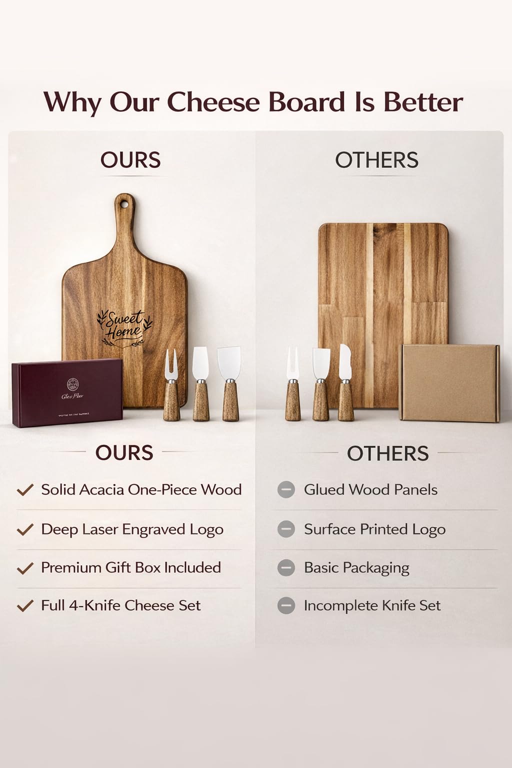 GleeNflux Charcuterie Board Set, 5-Piece Acacia Wood Cheese Board with 4 Cheese Knives, “Sweet Home” Engraved, Gift-Ready for Couples, Housewarming & Wedding
