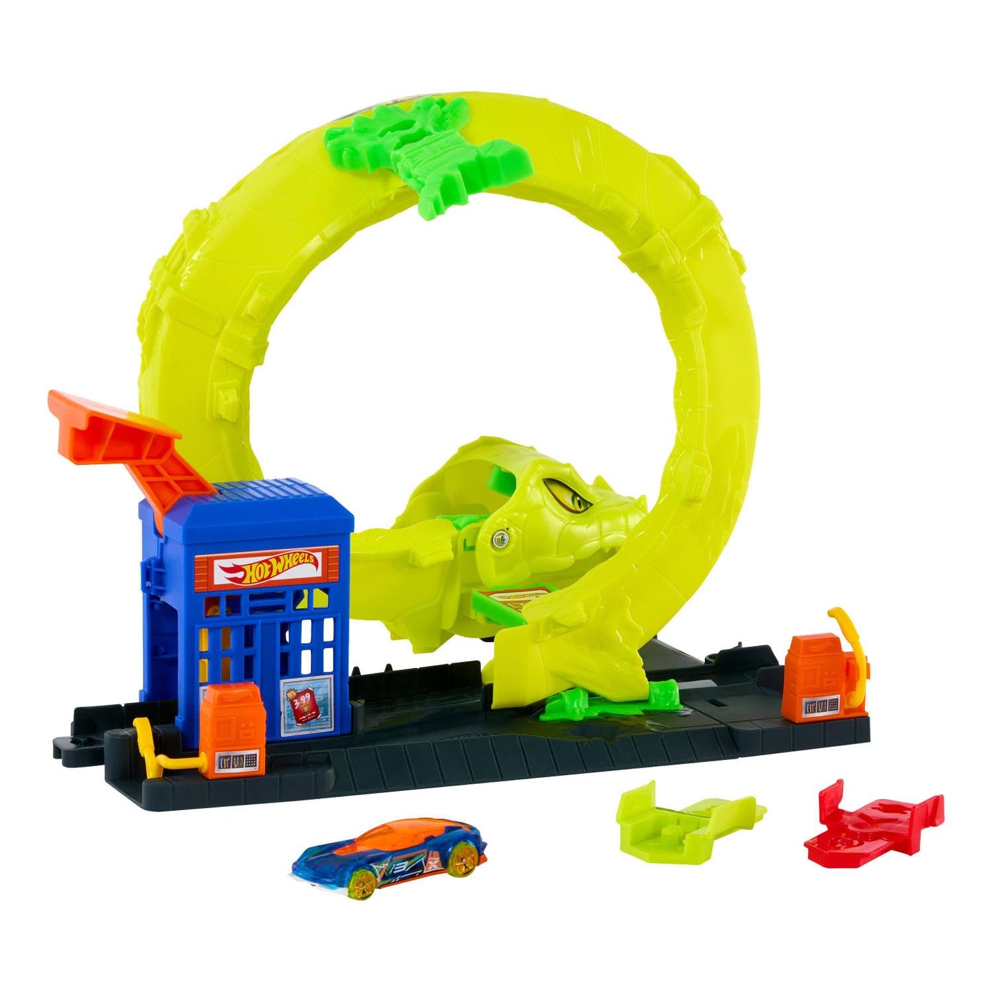 Hot Wheels Toy Car Track Set, Snake Gas Station Playset with 1:64 Scale Die-Cast Vehicle, 2 Ways to Play, Corkscrew Loop & Speed Snap Track