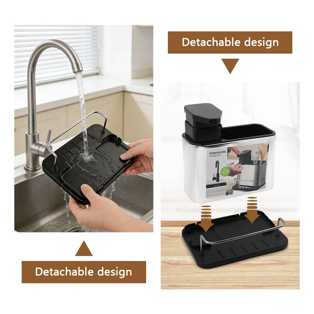 3-in-1 Dish Soap Dispenser, Sponge Holder for Kitchen Sink Caddy, Organizer Dish Soap Dispenser with Cleaning Brush and Tray Drainer Rack Countertop