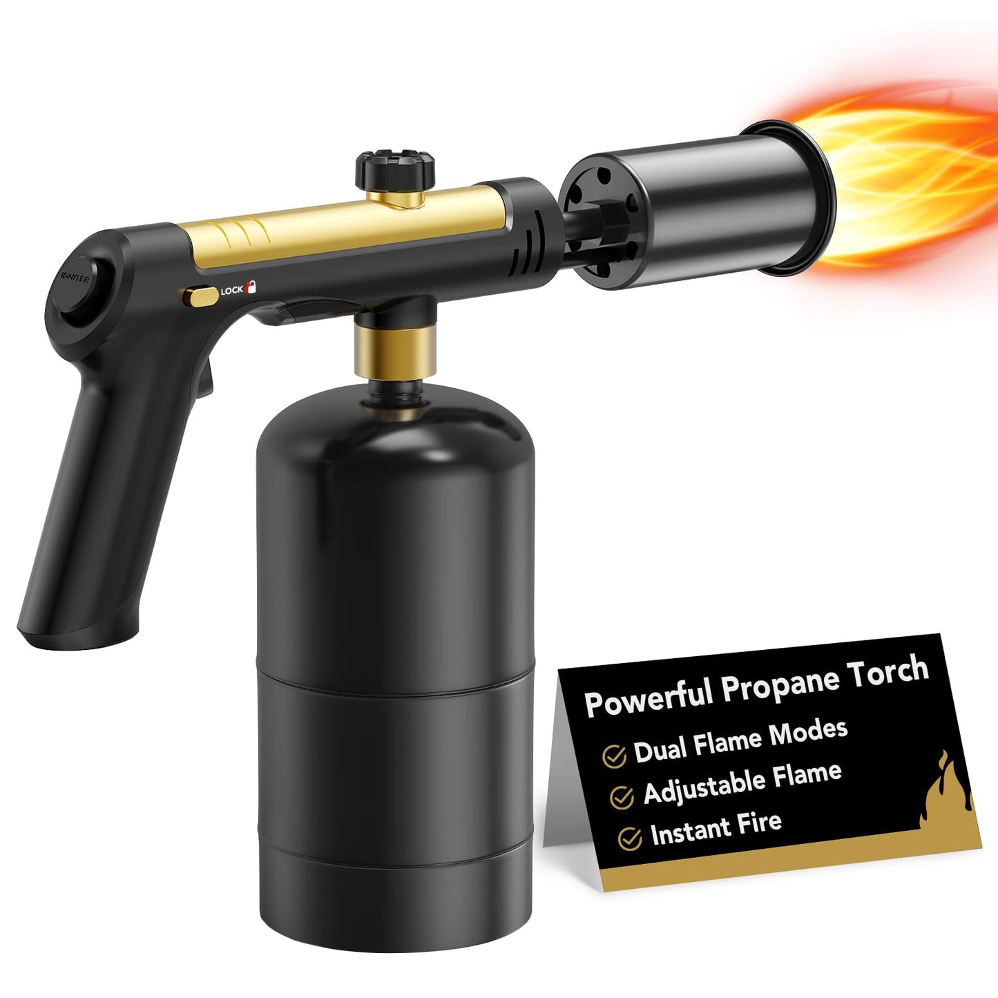 KinetiFire Powerful Propane Torch Gun, Cooking Torch with One-Touch Max Fire, Adjustable Culinary Torch for Searing Steak, Sous Vide, BBQ and Campfire Starter, Gold & Black(Tank Not Included)