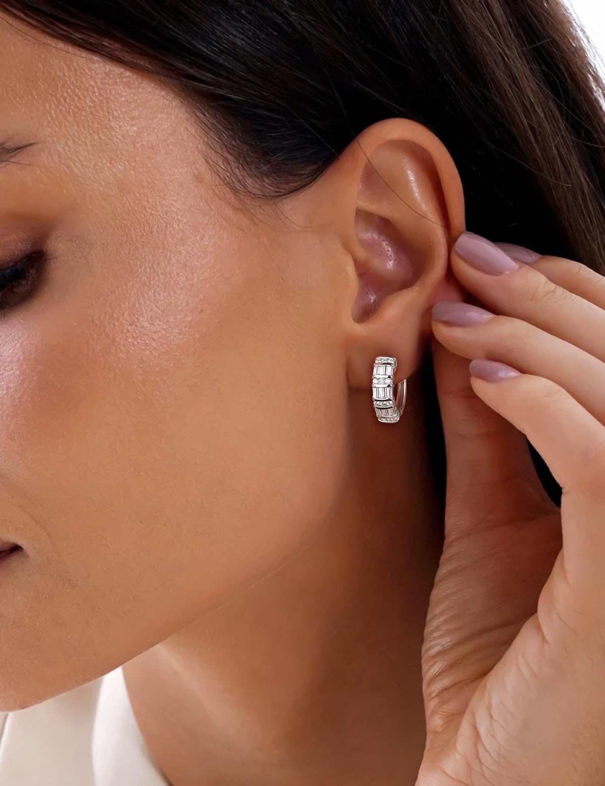RANDES 925 Sterling Silver Cubic Zirconia Huggie Hoop Earrings for Women Created-Diamond Earrings Chunky Small CZ Earring Hoops