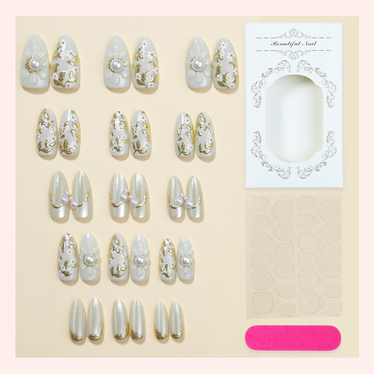 30Pcs Handmade Press on Nails Medium Almond Shape 3D Flower Fake Nails with Chrome Gold Foil Leaves Pearl Designs Nude White Shiny Acrylic Nails Reusable Full Cover Artificial False Nails for Women