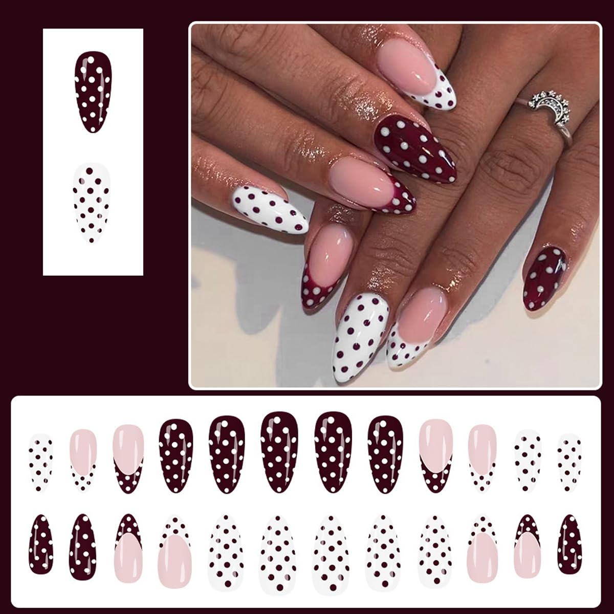 Polka Dot Press on Nails Medium Almond Fake Nails Red & White False Nails French Tip Design Full Cover Glossy Glue on Nails for Women 24PCS