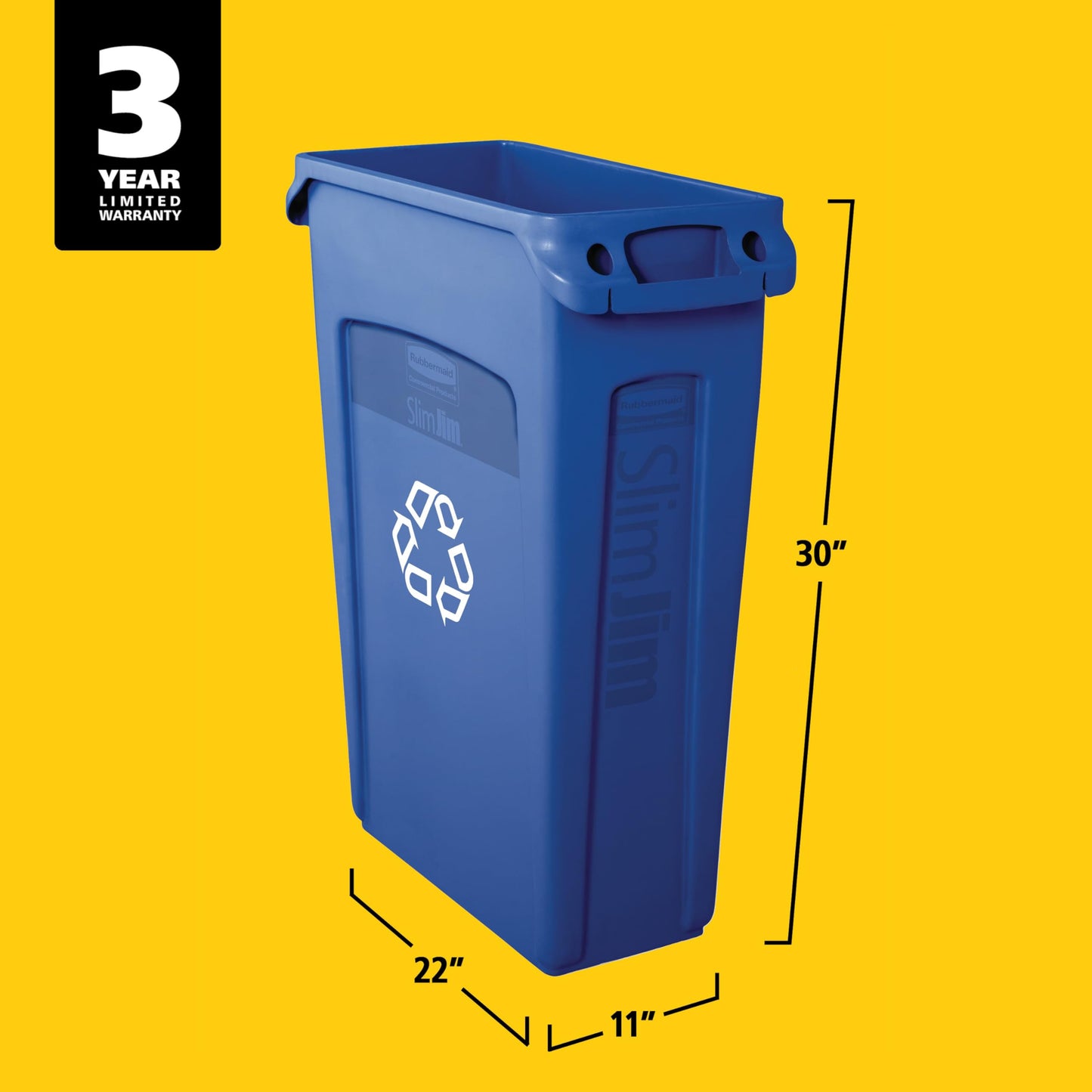 Rubbermaid Commercial Products Slim Jim Plastic Rectangular Recycling Bin/Trash Can with Venting Channels 23 Gal Blue for Kitchens/Classrooms/Offices/Back of House